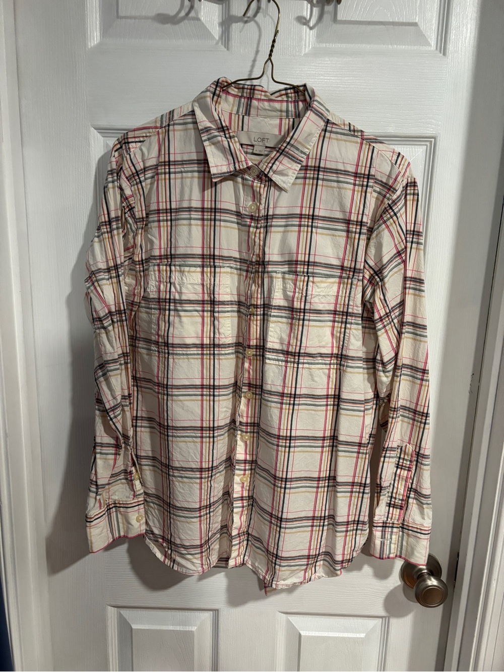 LOFT Cream Plaid Button-Down Shirt with Multi Color Lines